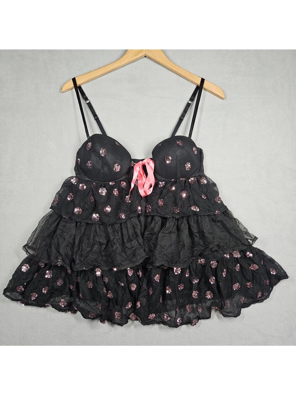 Victoria’s Secret Lingerie Sexy Little Things 36C Black Top Sequin Babydoll Open